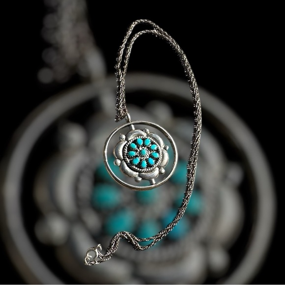 Navajo Jewelry - Navajo Zuni Vintage Silver Turquoise and Coral Spinner Pendant w chain. Marked.